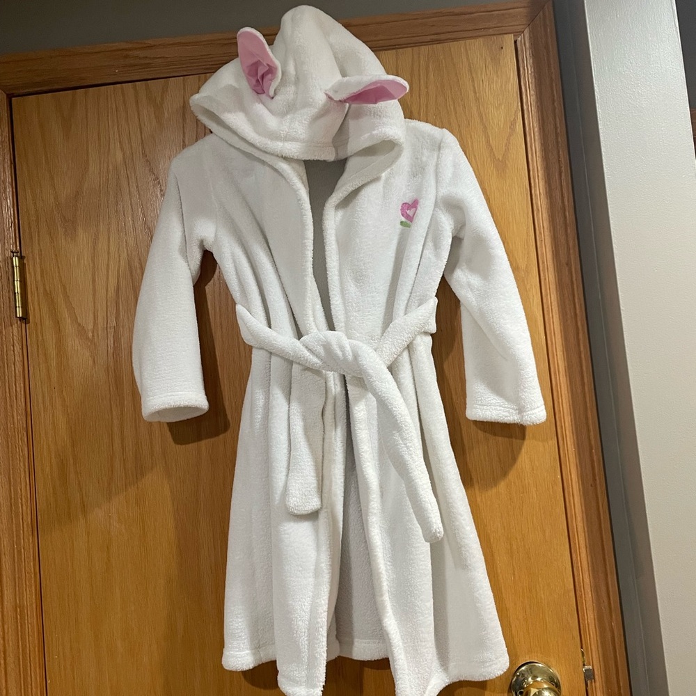American Girl White Hooded Plush Robe with Pink Ear Details
